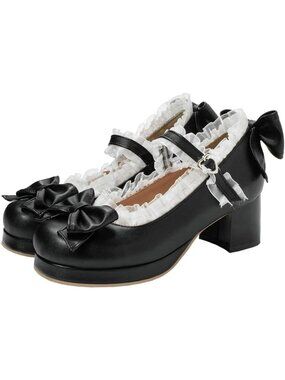 Kawaii Mid Block Heel Mary Jane Pumps with Bow | Rockabilly Style Shoes for